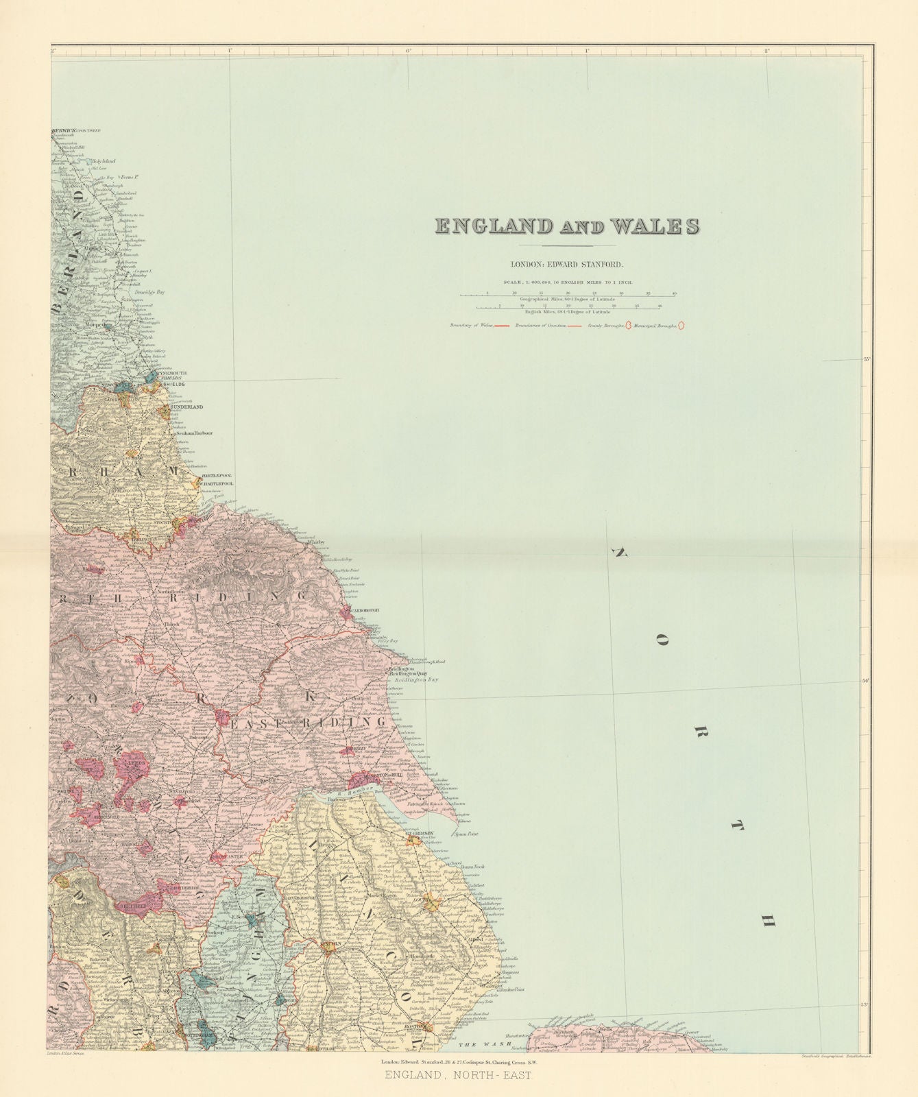 North east England. Tyneside Yorkshire Lincolnshire. 62x51cm STANFORD 1896 map